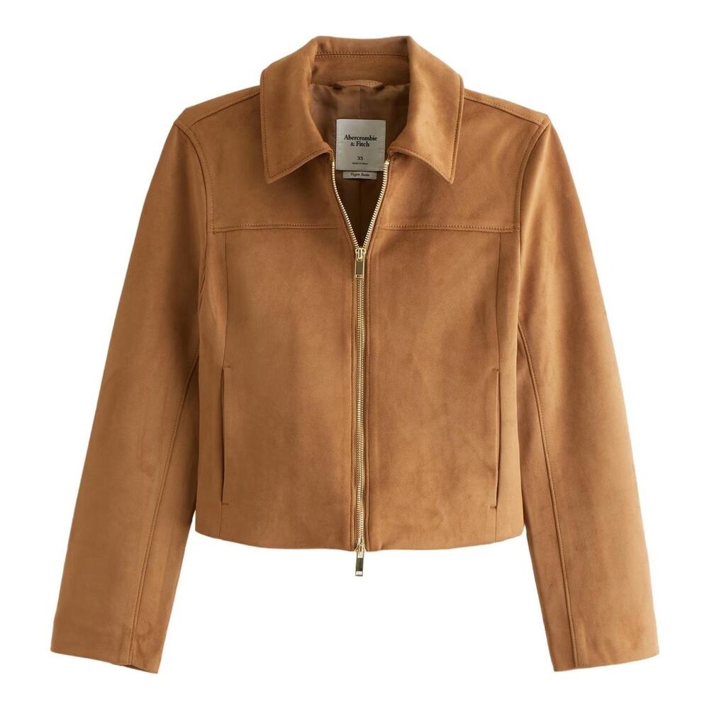 Abercrombie & Fitch Jacket Slim Full Zip Vegan Suede Brown Size 2XS